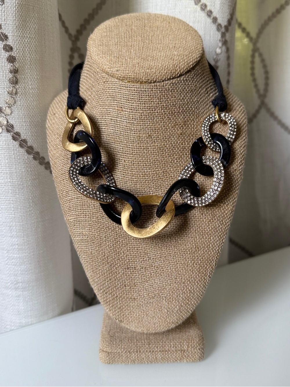 Ann Taylor Iridescent Blue Black Gold Pavé Rhinestone Ribbon Statement Necklace